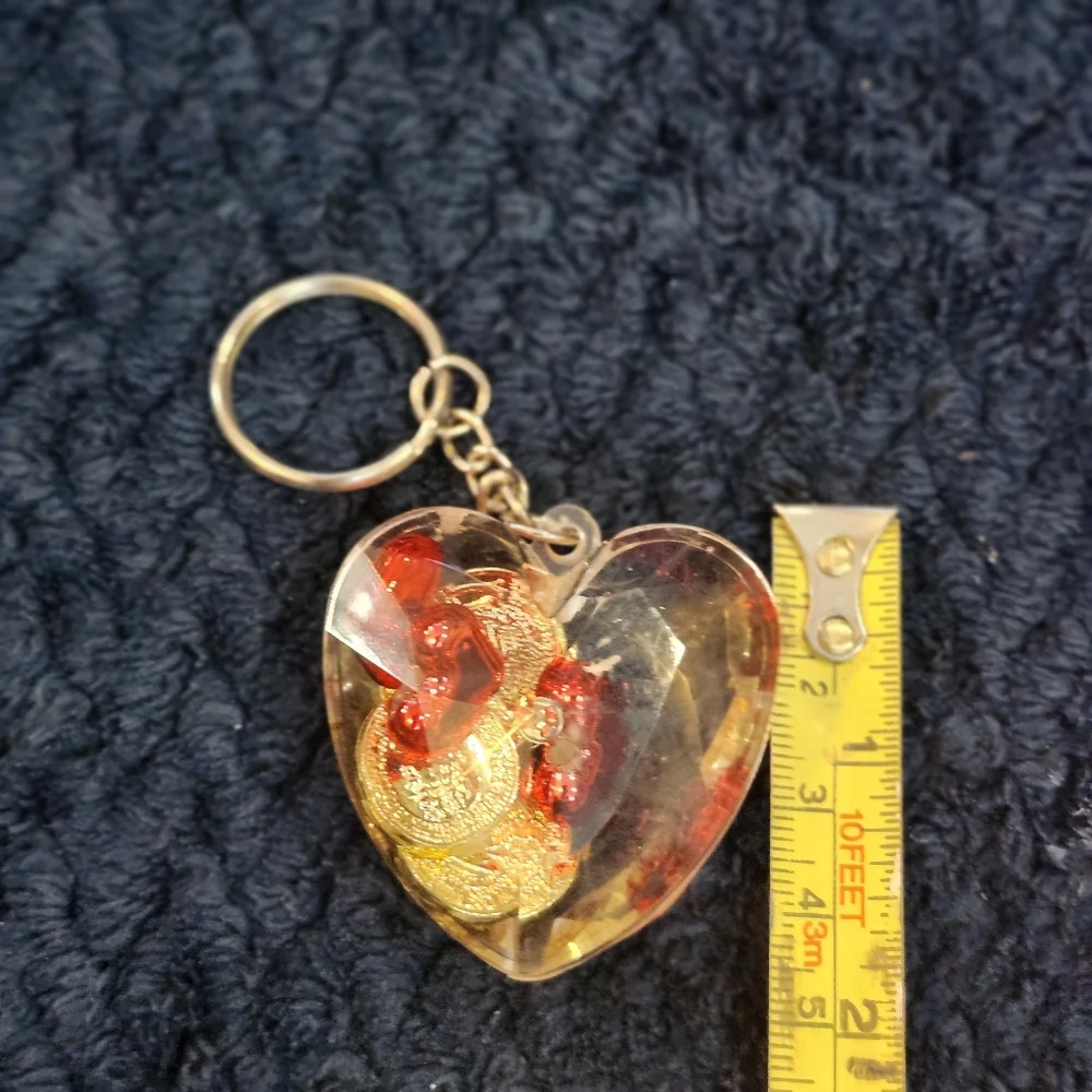 Vintage Heart Shaker Keychain with Red Hearts and Gold Coins